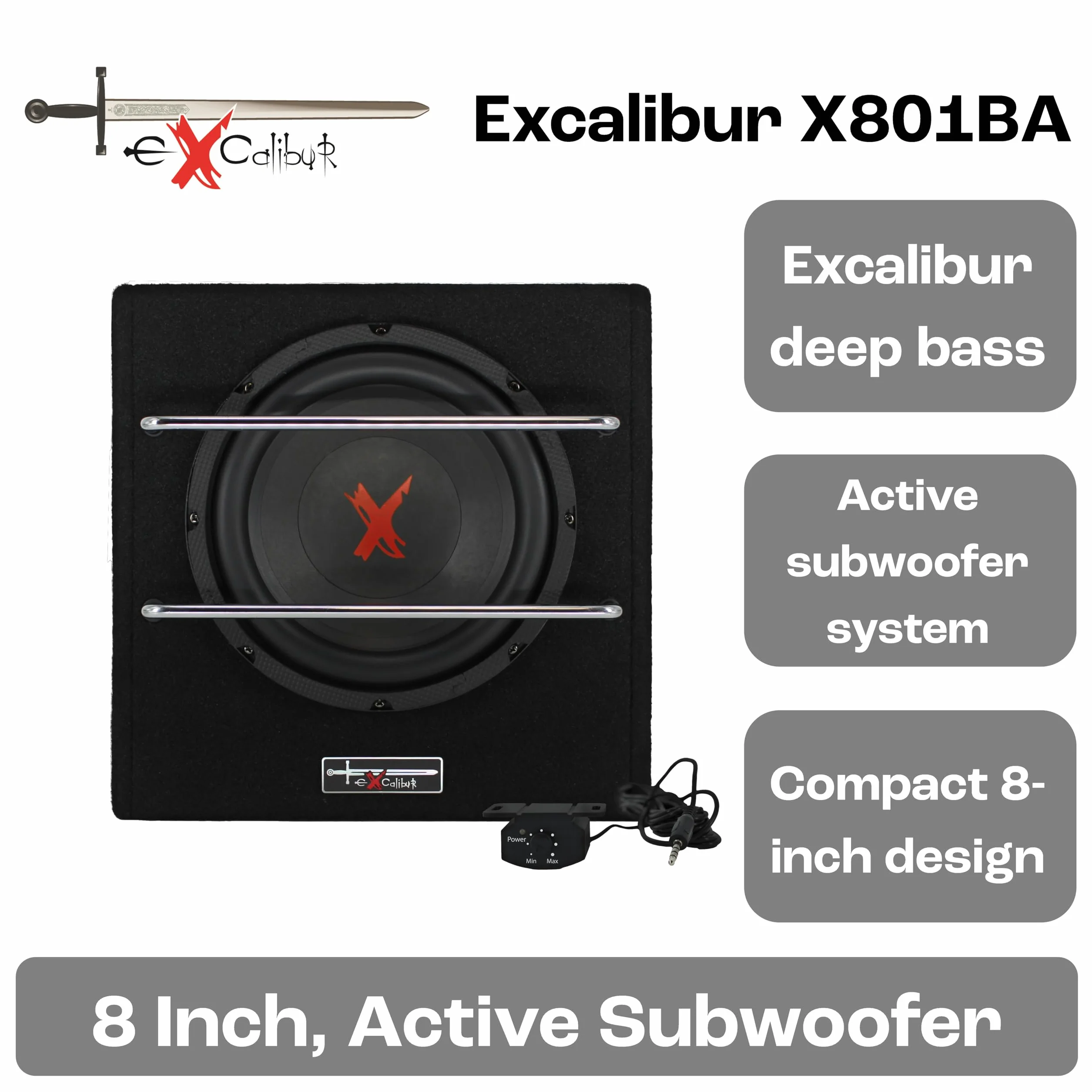 Excalibur X801BA, 8 Zoll Aktiver Auto Subwoofer, Integrierter Verstärker, Untersitz-Bassbox mit Class-AB Technologie, Hoch-/Niederpegel Eingänge, Auto Turn-On und Fernbedienung für den Fahrzeugeinsatz