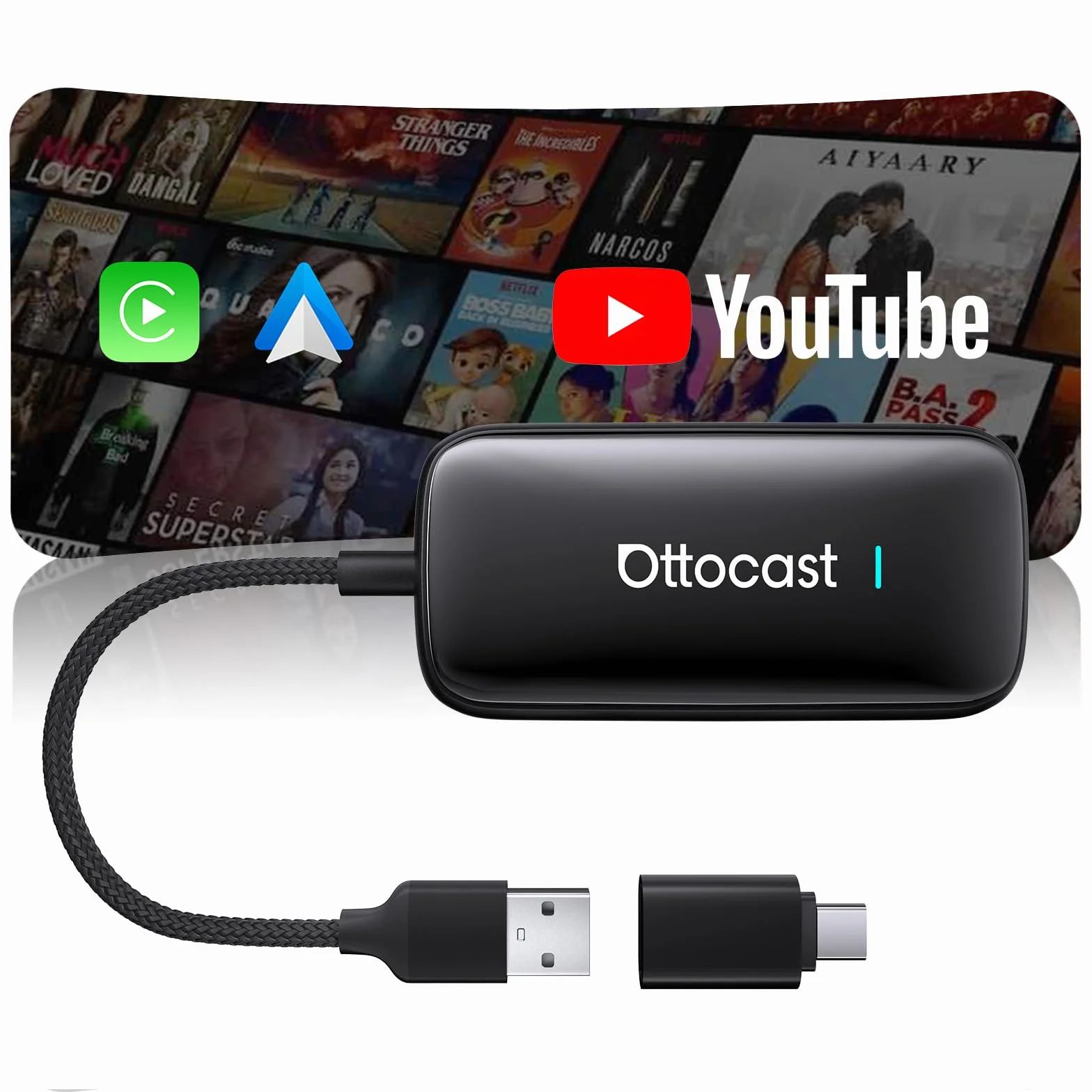 OTTOCAST Play2Video Ultra 2026 AI Box, Kabelloser CarPlay & Android Auto Adapter mit YouTube/Prime Video, WiFi 6, 4GB+32GB, Plug & Play, für Autos mit kabelgebundenem CarPlay ab 2016