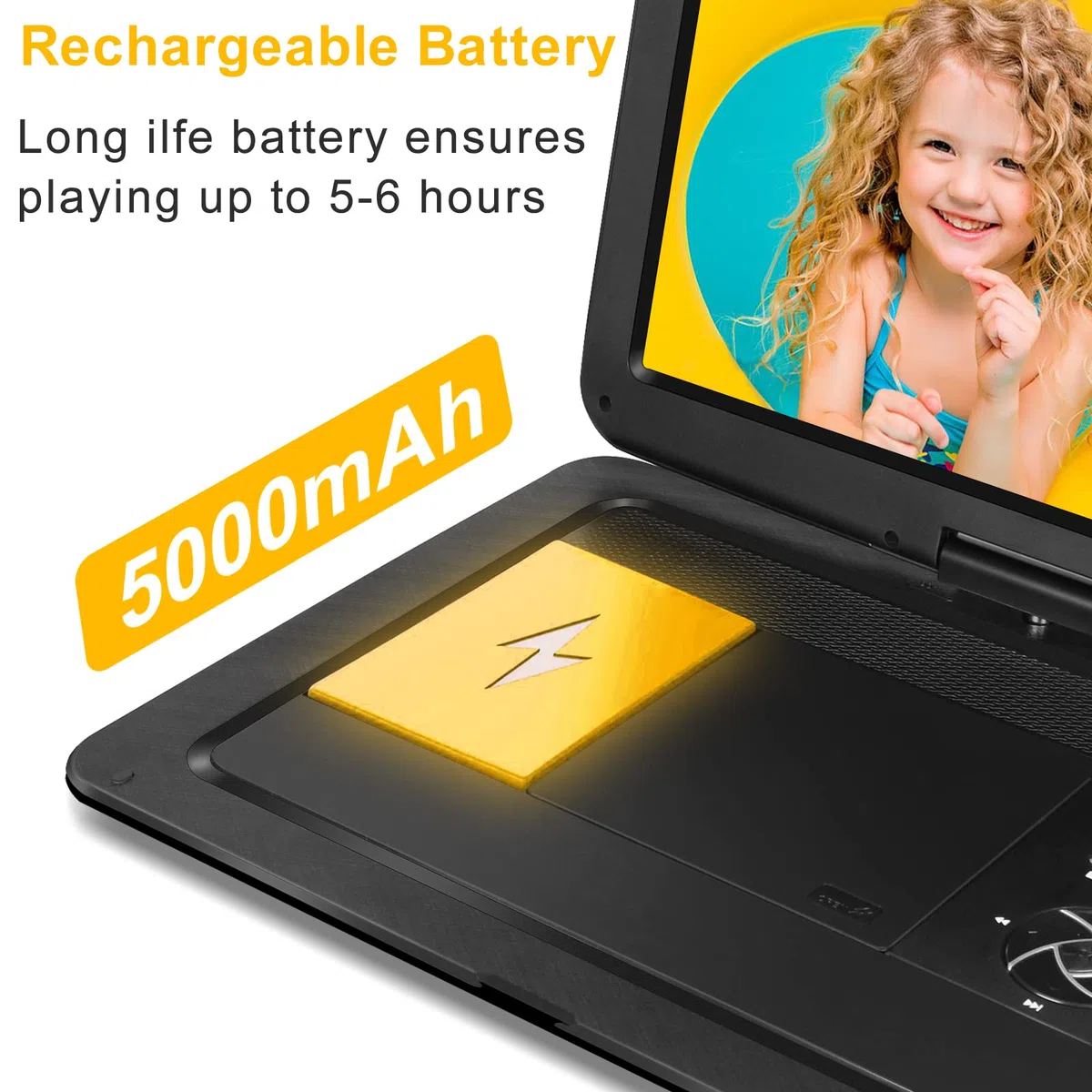 Tragbarer DVD-Player mit 43,4 cm (19,7 Zoll) großem HD-Bildschirm, 5 Stunden Akku, DVD-Player, tragbar mit Kfz-Ladegerät, tragbarer Kinder-DVD-Player, unterstützt alle Regionen-Discs, USB- und