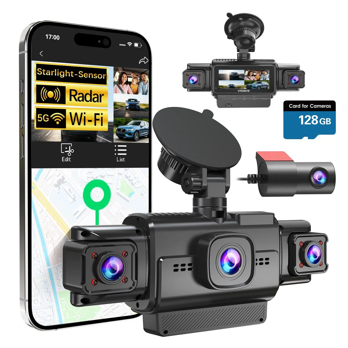 4-Kanal 360° Dashcam, 5,8GHz WLAN, Kostenlose 128-GB-Karte
