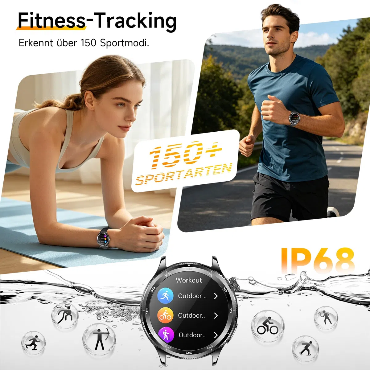 Smartwatch Herren Damen, 1.43" Smart Watch Rund mit Telefonfunktion | 1.43" Gesundheitsuhr mit 24H Pulsuhr SpO2 Harnsäure, SOS-Notruf, 150+ Sportmodi Fitnessuhr für iOS/Android, Schwarzes Leder