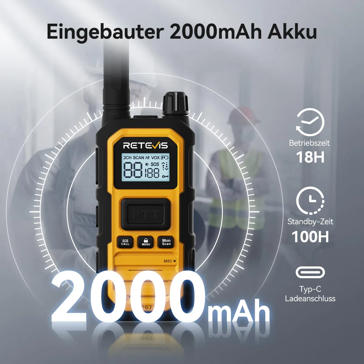 Retevis RB648Plus Walkie Talkies, wasserdichte Funkgeräte Set Industrielle | Handfunkgeräte mit 6-Wege-Ladegerät, 2000mAh, Typ-C,VOX, Vibrationserinnerung für Industrielle(6 Stück, Gelb)