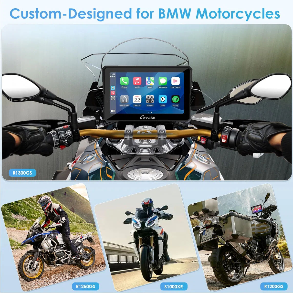 Carpuride W702B Pro Motorrad-Carplay-Bildschirm mit Halterung für BMW-Motorräder, Kabelloses CarPlay & Android Auto, 7 Zoll-Wasserdichter-Touchscreen, Dual-Bluetooth, Gegensprechfunktion, Navigation.