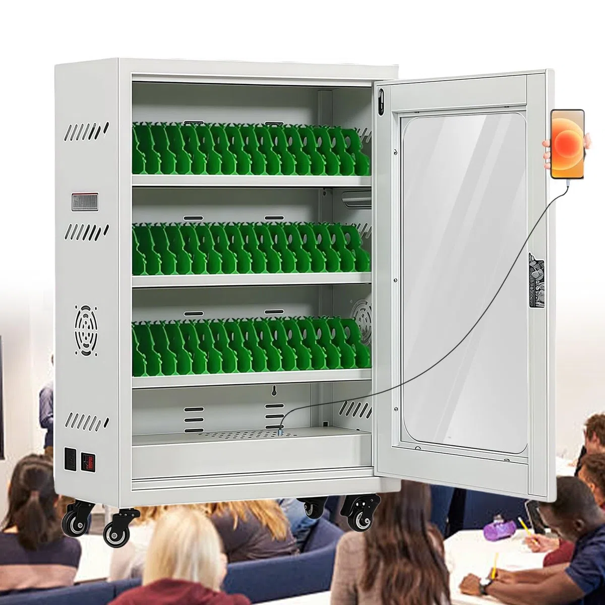 Ladestation for Mobiltelefone und Smartphones mit 30/50/60 Steckplätzen – Zuweisung von Schließfächern, Steckplätze vorne, USB-Anschlüsse | Wandmontierte Handy-Ladestationen(50slots)