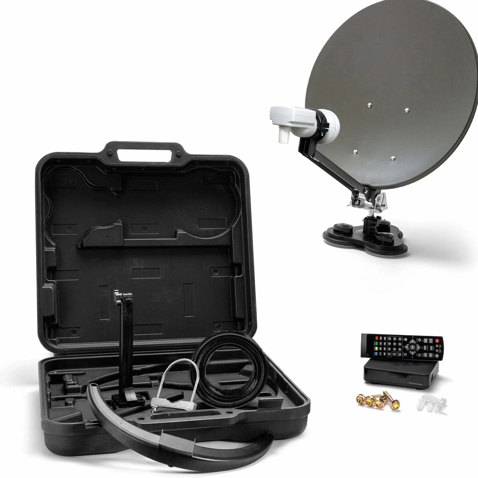 XORO 38,5 cm Camping Satellitenantenne MCA 38 HD Set, inkl. FullHD DVB-S2 Receiver, Single LNB mit integriertem Satfinder, 10m Kabel, Halterungen, im Hartschalenkoffer