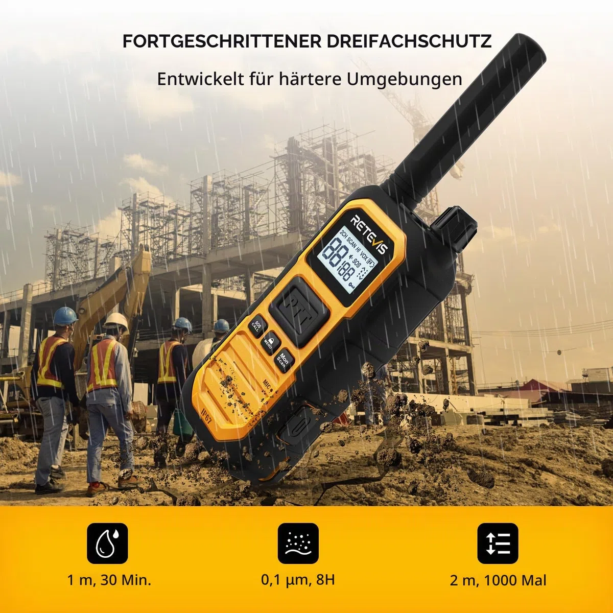 Retevis RB648Plus Walkie Talkie mit Ohrhörern, IP67 wasserdichte Funkgerät | Erweiterte Reichweite, 2000 mAh, Dual-PTT, VOX, Handfunkgeräte für Raue Industrieumgebungen (4 Stück, Gelb)