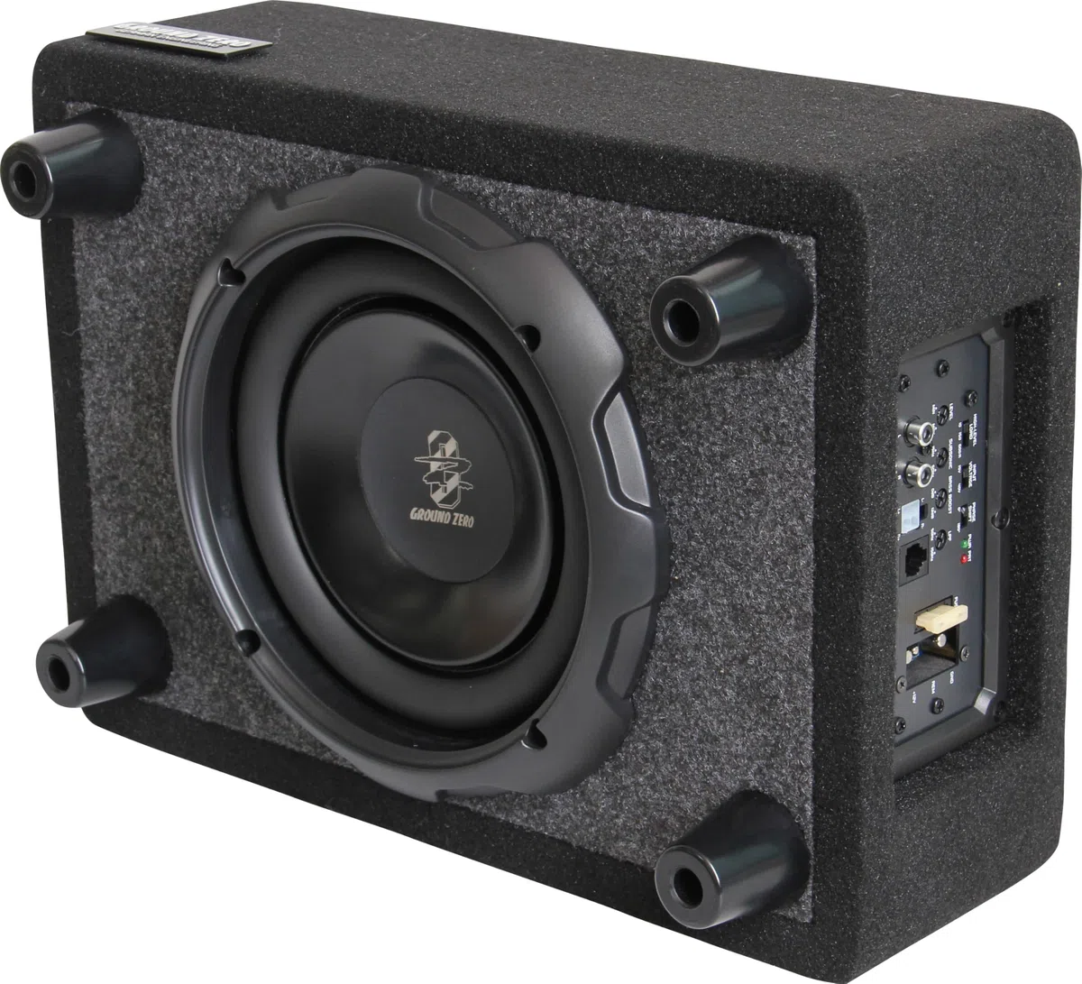 Ground Zero GZCS 20SUB-ACT Aktiv-Gehäusesubwoofer, 20cm, 250W RMS, 50-150Hz, Downfire, 9-16V, Holz