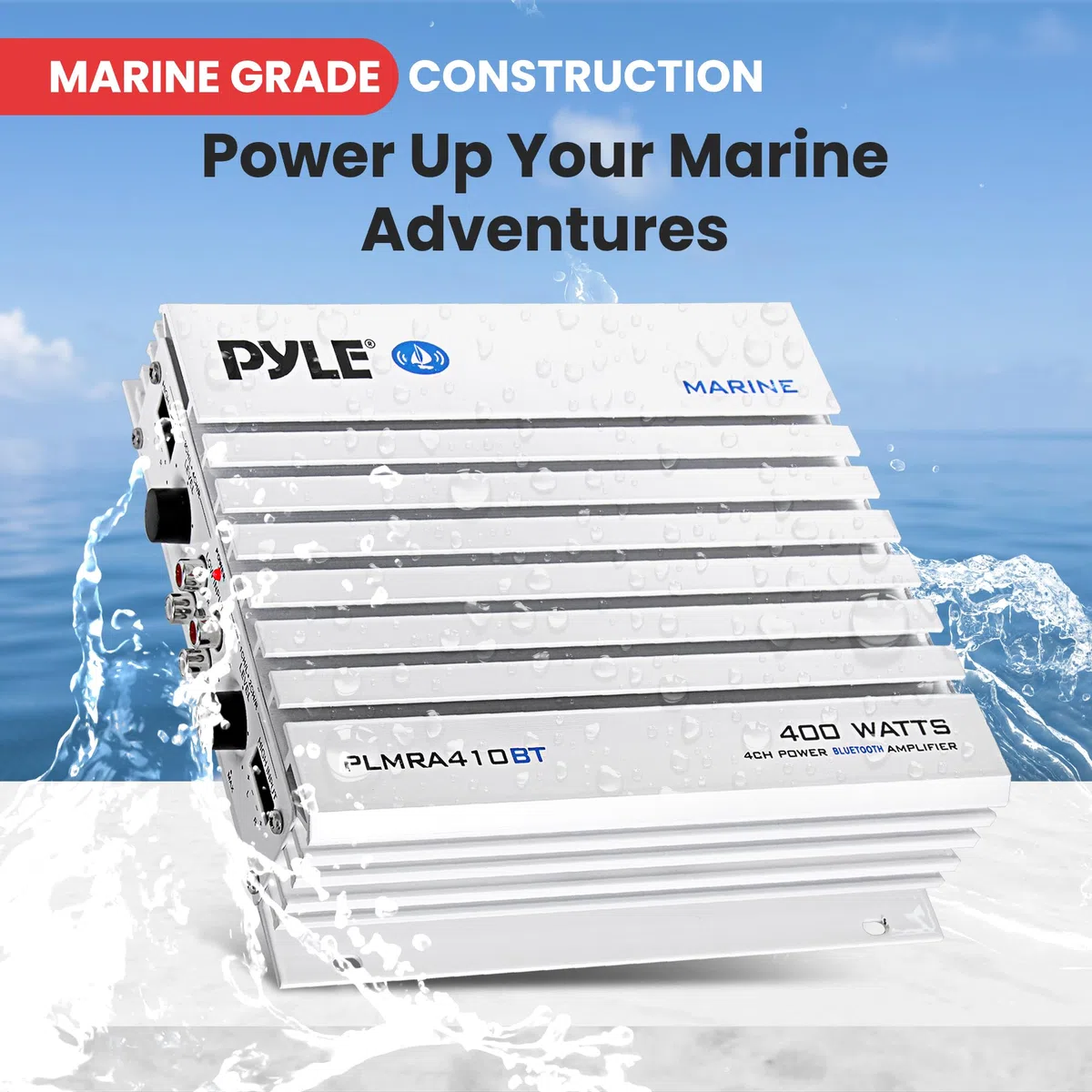 Pyle 2.1 Bluetooth Marine-Verstärker-Empfänger - Wasserdichter 4-Kanal-Audio-Jumperverstärker für Stereolautsprecher mit 400 W Dual-MOSFET-Leistung - PLMRA410BT