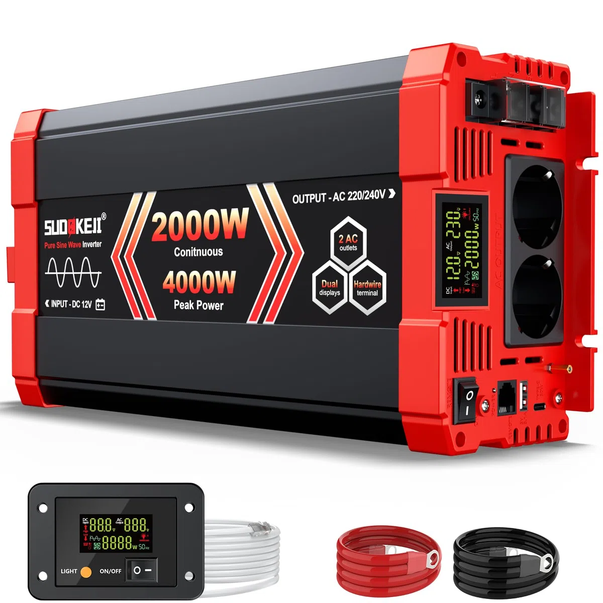 SUDOKEJI 2000W/4000W Wechselrichter Reiner Sinus Spannungswandler 12V auf 230V EU-Steckdose mit LCD Bildschirm und Fernbedienung,USB-Port für Kfz LKW Camping