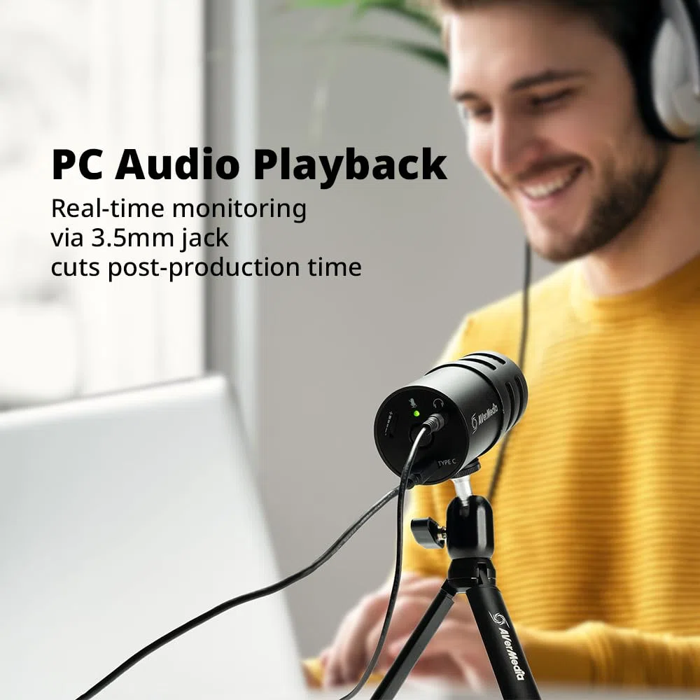 AverMedia USB-Mikrofon für Streaming, Podcasting, Gaming-Mikrofon mit Nierencharakteristik, Stativ, Kopfhörerausgang, Stummschalttaste, Vollmetall-Mikrofon für PC, Laptop, iPhone und Android-Handy