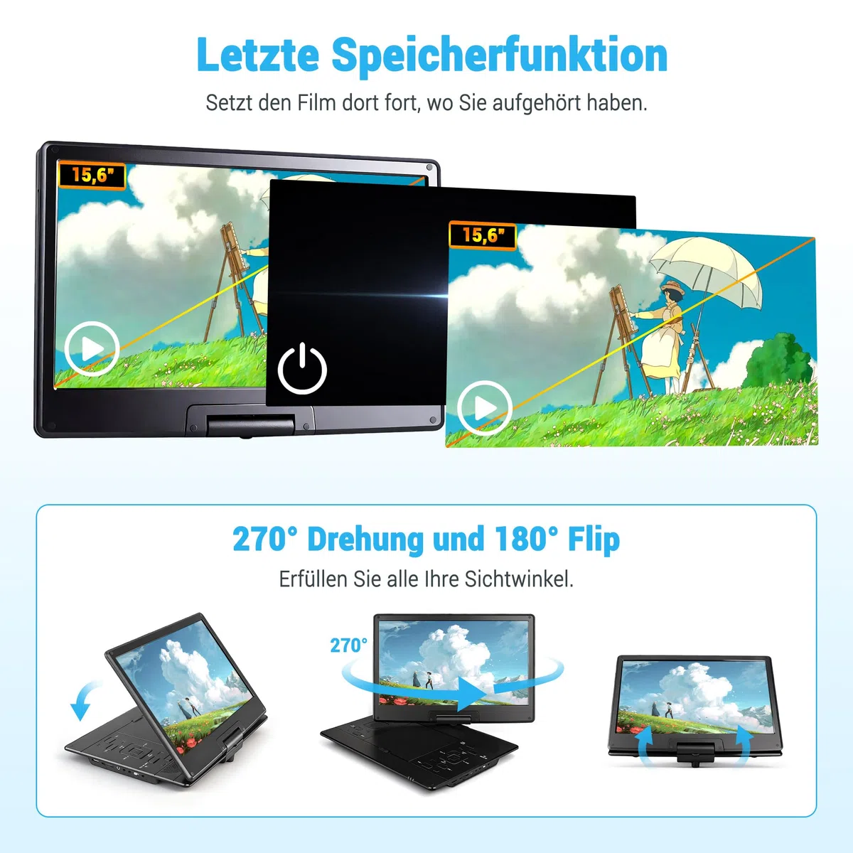 Tragbarer 17,5'' DVD Player mit 15,6'' drehbarem HD-Display – 8 Stunden Akkulaufzeit, Unterstützung für mehrere Formate, SD/USB, TV und mit Speicherfunktion, Stereo-Lautsprecher, Schwarz