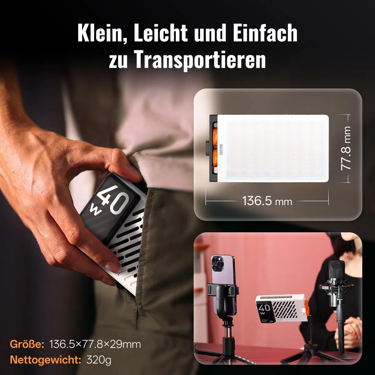 ZHIYUN FIVERAY M40 LED Videoleuchte [Official], 40W Videolicht mit 14000 Lux und 2700-6200K, CRI 96+, 320g Tragbares Video/Foto/Kamera/Streaming Licht für YouTube TikTok, mit 176 LED
