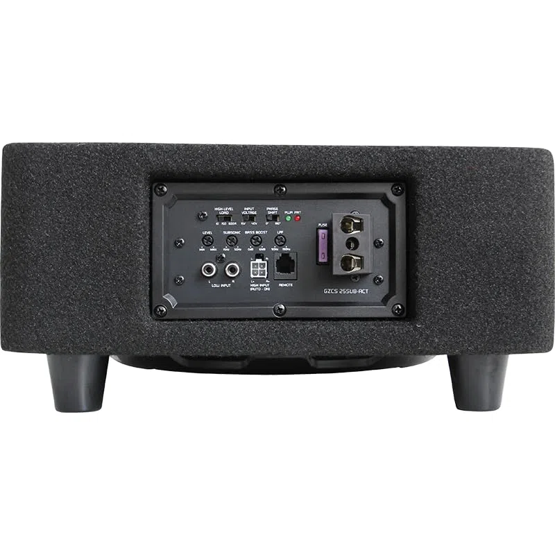 Ground Zero GZCS 25SUB-ACT Aktiv-Gehäusesubwoofer, 25 cm, 320/430 Watt, 50-150 Hz, 9-16 Volt, Downfire, Holz