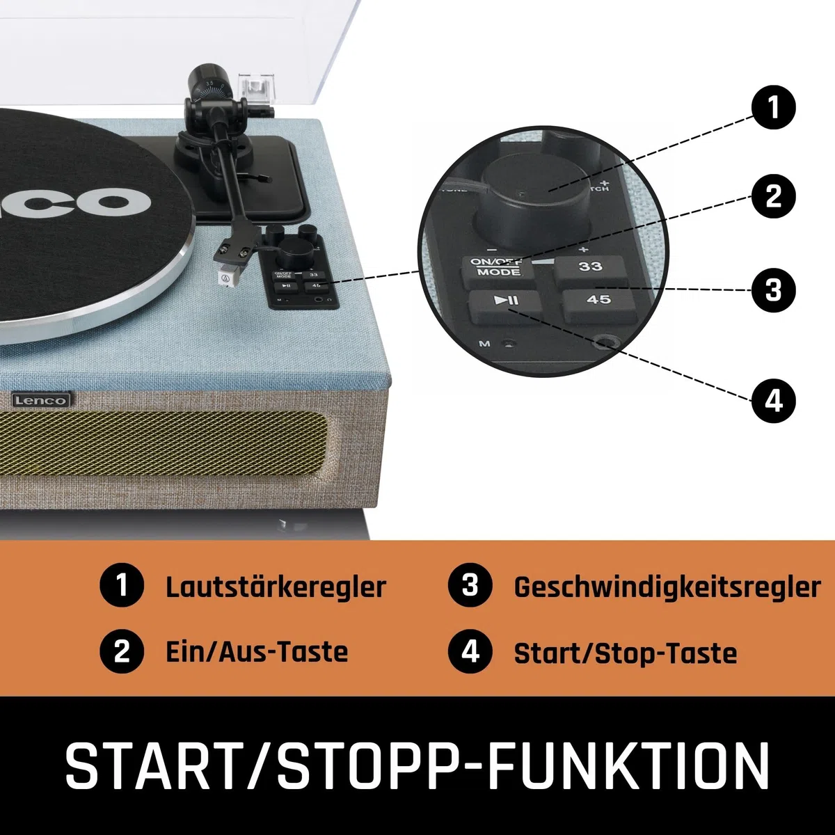 Lenco LS-440BUBG - Plattenspieler mit Lautsprecher - Schallplattenspieler | LS-440 - Vinyl Player - Bluetooth 40 Watt RMS - Riemenantrieb - Pitch Control - Vorverstärker