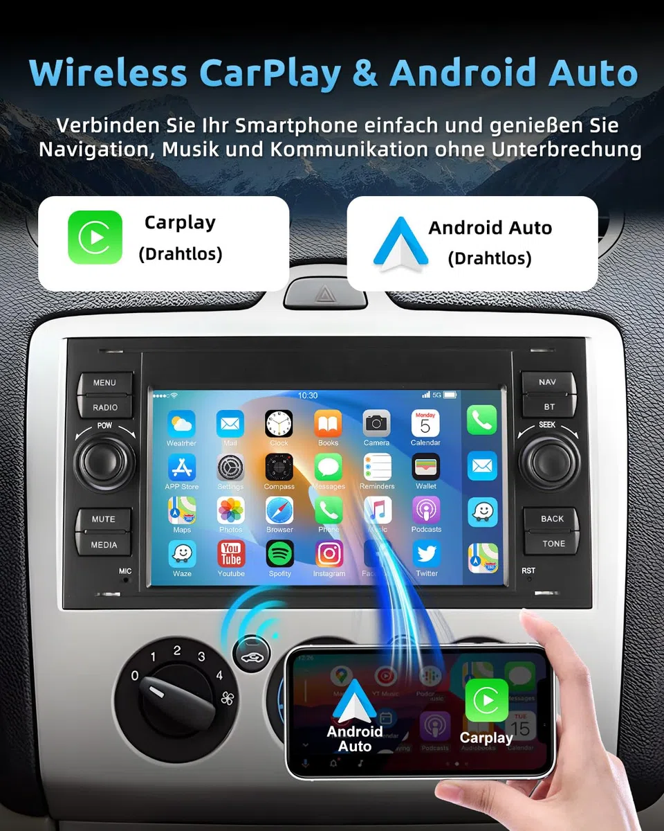 ESSGOO 2+64G Wireless Autoradio Android 14 Car Radio mit Carplay und Android Auto Für Ford Fiesta Galaxy Transit Connect MK7 Focus Fusion Kuga S/C-Max, 7 Zoll Touchscreen mit Bluetooth FM USB GPS