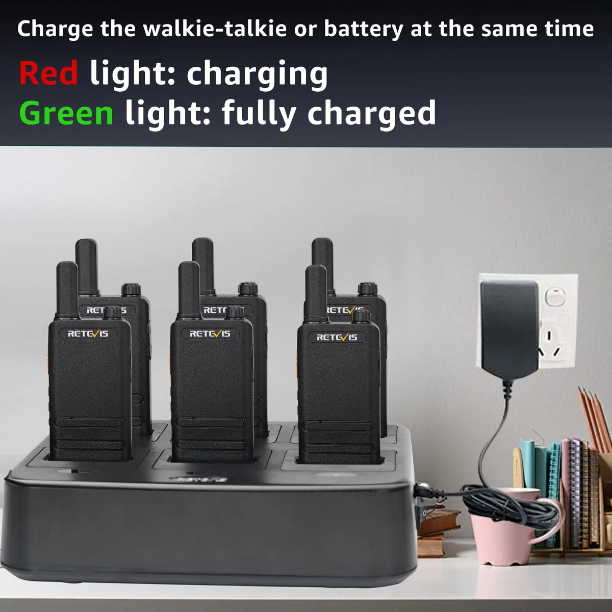 Retevis RT622P Walkie Talkies für Erwachsene, Wiederaufladbares Funkgerät mit 6-Wege-Ladegerät, 1620 mAh, 15 mm Ultradünn, VOX- PMR446 Walkie Talkie mit Ohrhörern für die Schule (6 Stück, Schwarz)