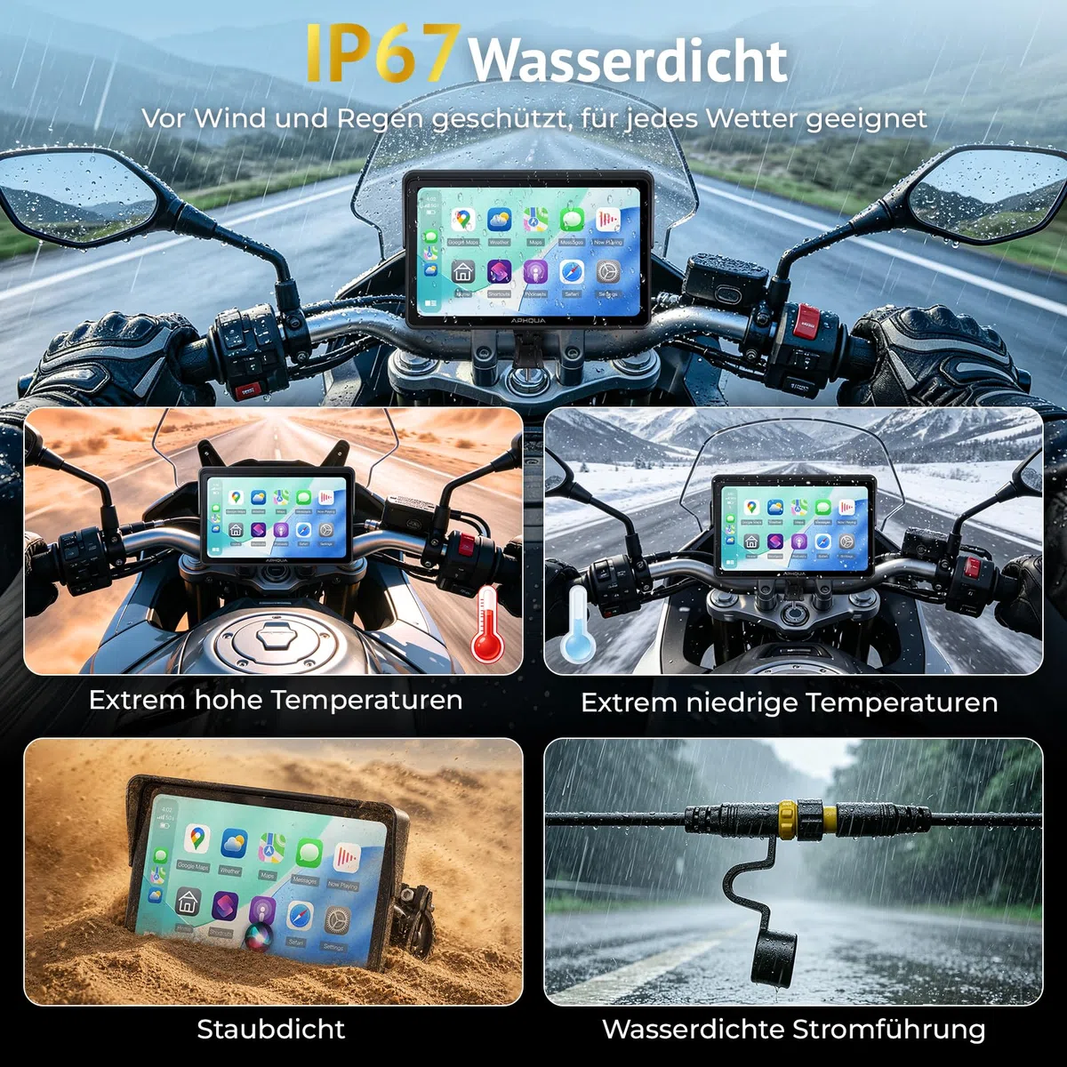 Motorrad Carplay Display 7 Zoll Wasserdichter Touchscreen, Reifendruckkontrollsystem (TPMS), Kabelloses CarPlay und Android Auto für Motorrad, Dual Bluetooth, GPS-Navigation
