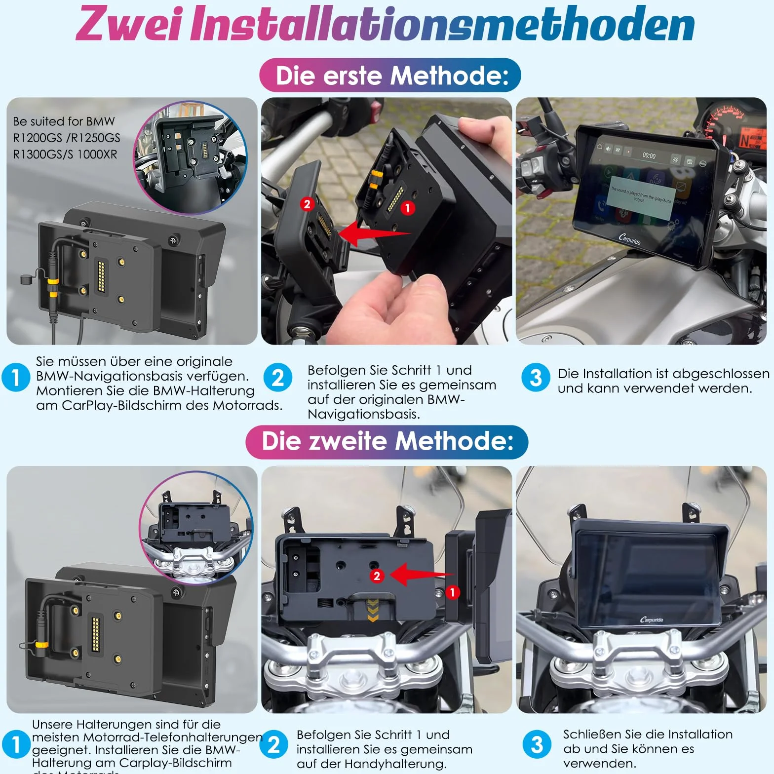 Carpuride W502B Motorrad-Carplay-Bildschirm für BMW R1200GS R1250GS S1000XR Motorrad, 5 Zoll Wasserdichter Touchscreen, Tragbare Carplay/Android Auto,GPS-Navigation, Dual Bluetooth