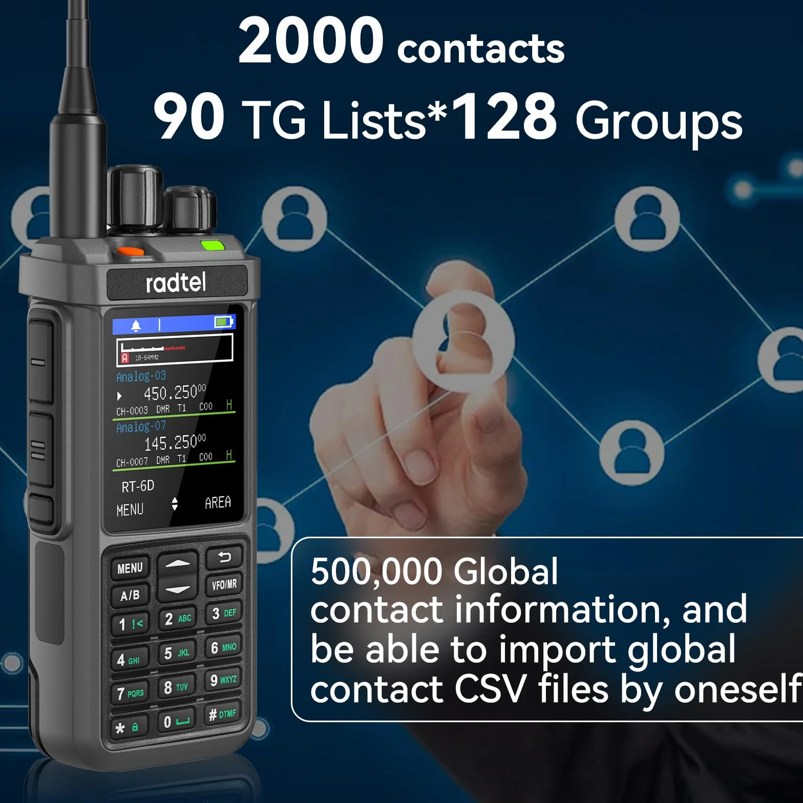 Radtel RT-6D DMR-Radio, 500.000 Kontakte, Dualband-Walkie-Talkie, Dual-Zeitschlitz, Zweiwegeradio, Stufe 1+2, Amateurfunk, 1024 Kanäle