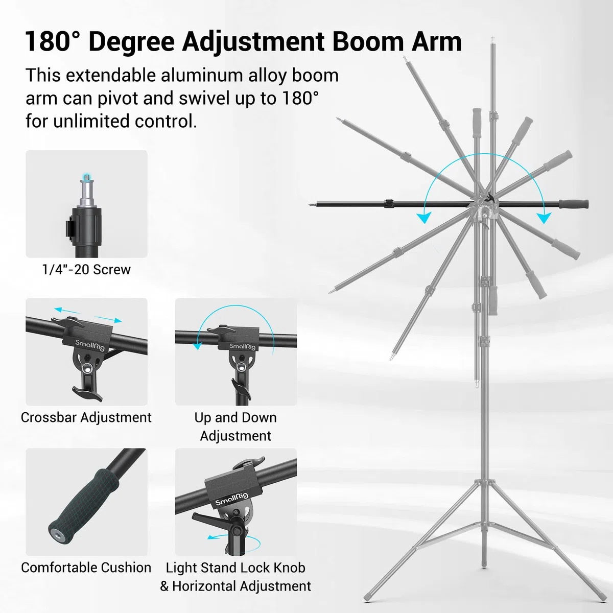 SMALLRIG Aluminium Lichtstativ 110"/9.2ft/280cm, mit 170cm Haltearm, luftgepolstertes Fotografie-Stativ mit 1/4"-Schraube für Softbox, Studiolicht, Ringlicht, max. Belastung 5kg, RA-S280A - 3737
