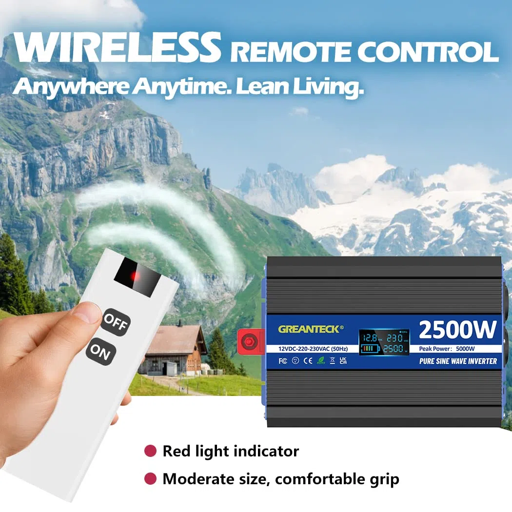 Wechselrichter 12v auf 230v Reiner Sinus Wechselrichter 2500w mit Fernbedienung, 2 EU-Steckdosen, USB-Anschlüsse, Typ-C-Anschluss, LCD-Anzeige für Auto, Wohnwagen, Boot, Camping