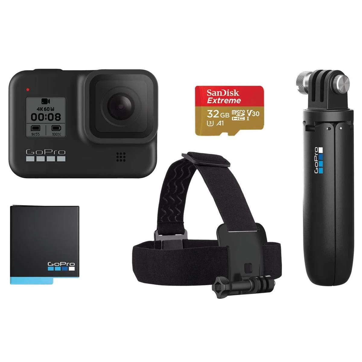 GoPro HERO8 Black Bundle - inklusive Shorty Stativ, Speicherkarte, Kopfbügel und Akku (Holiday Kit)