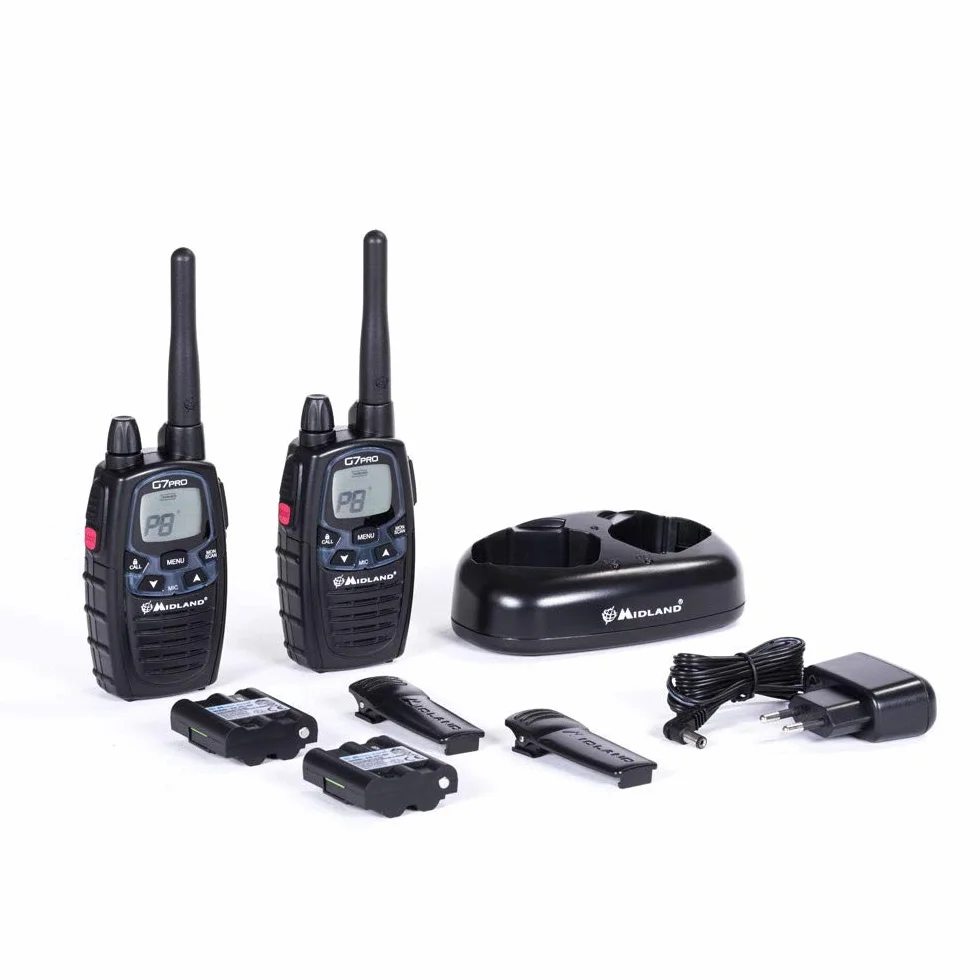 Midland G7 Pro PMR+LPD-Funkgerät C1090.06 Robustes Gerät für die Professionelle oder Private Nutzung, mit LCD-Display, inklusive Doppelstandlader und Gürtelclips, 2 Stück im Set