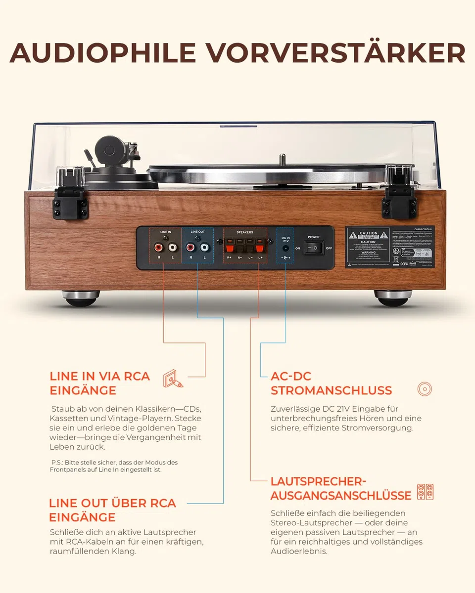 Qlearsoul HiFire X Plattenspieler mit Lautsprechern, Audiophiles HiFi-Turntable-System mit 100W-Regallautsprechern, VU-Meter, DSP-Vorverstärker, 33/45 RPM, RCA LINE IN/Out