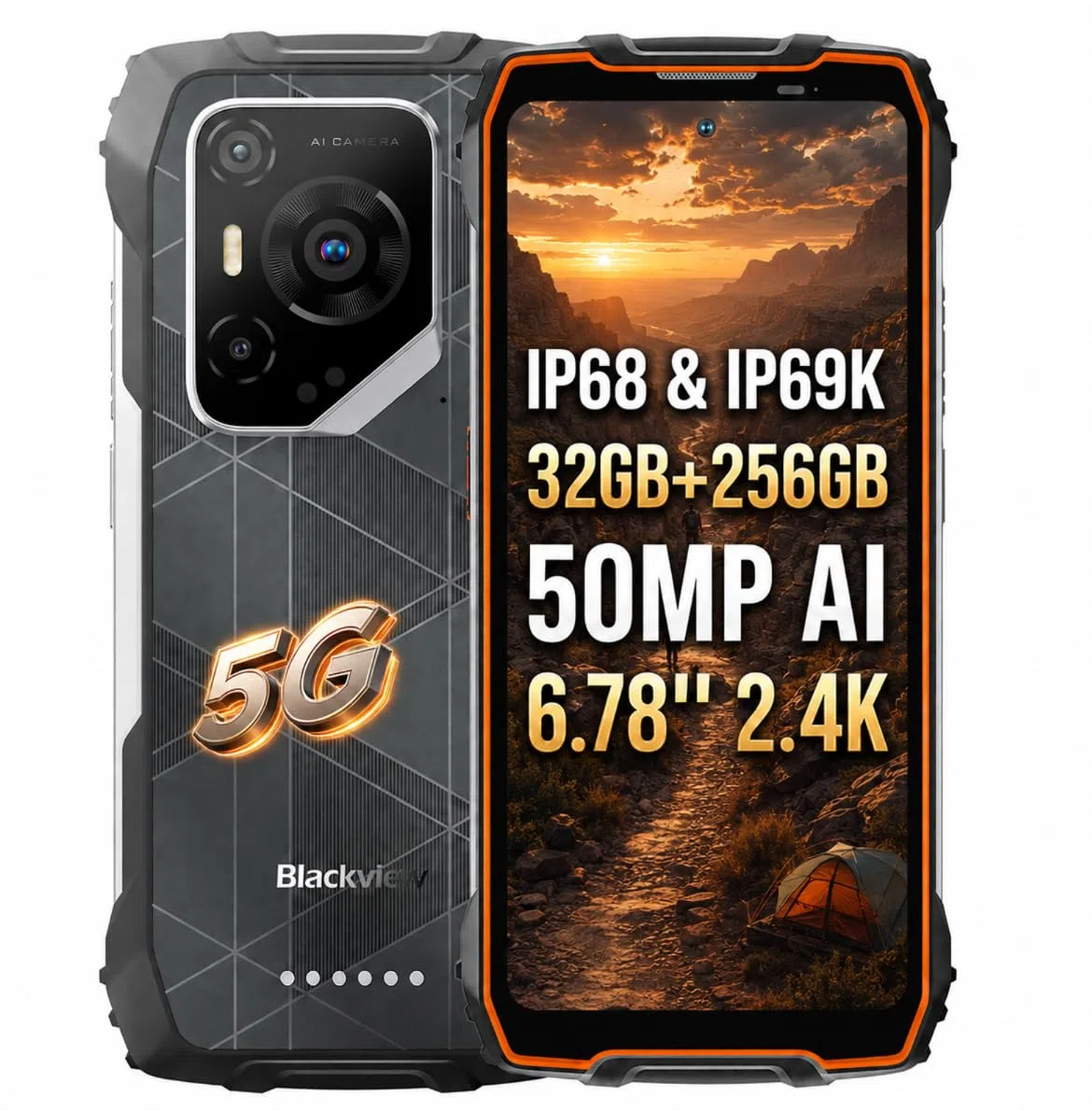 Blackview BL7000 PRO 5G Outdoor Smartphone ohne Vertrag, 32GB+256GB, 50MP AI Kamera, 3 AI-Modelle, 6,78 Zoll 2.4K Display, 7500mAh Akku, IP68 Android 16 Robustes-Handy Dual SIM NFC GPS, Orange