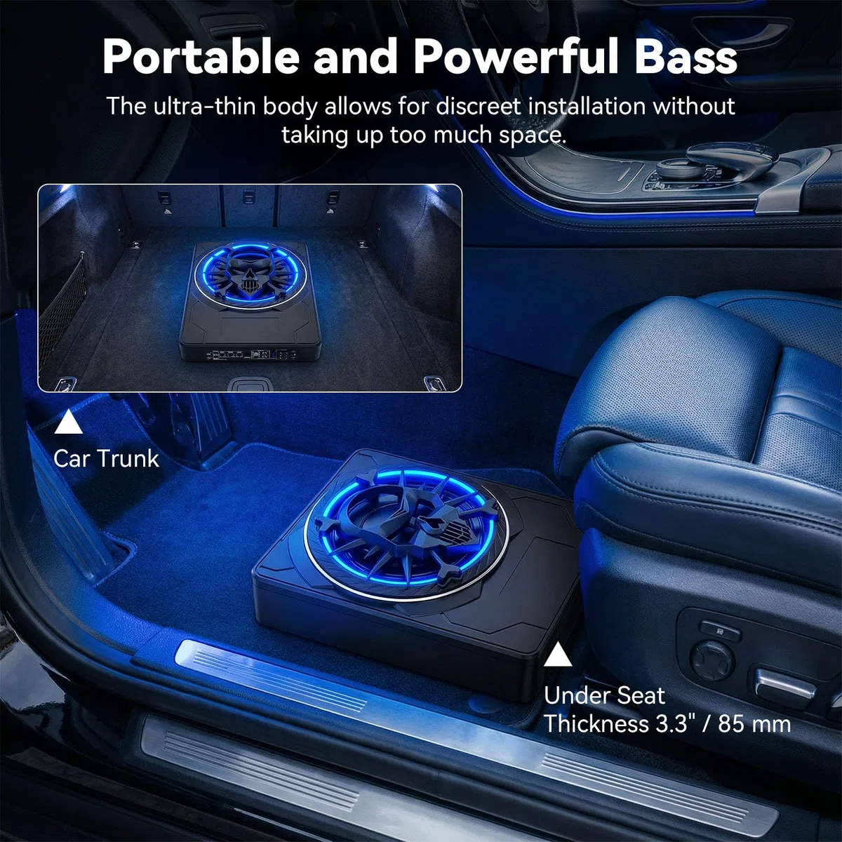 OiLiehu Untersitz Auto Subwoofer 1200W, 10" Schlanker Auto Subwoofer mit Stereo-Surround-Sound, Integrierter Audioverstärker, mit mehrfarbigem LED-Umgebungslicht