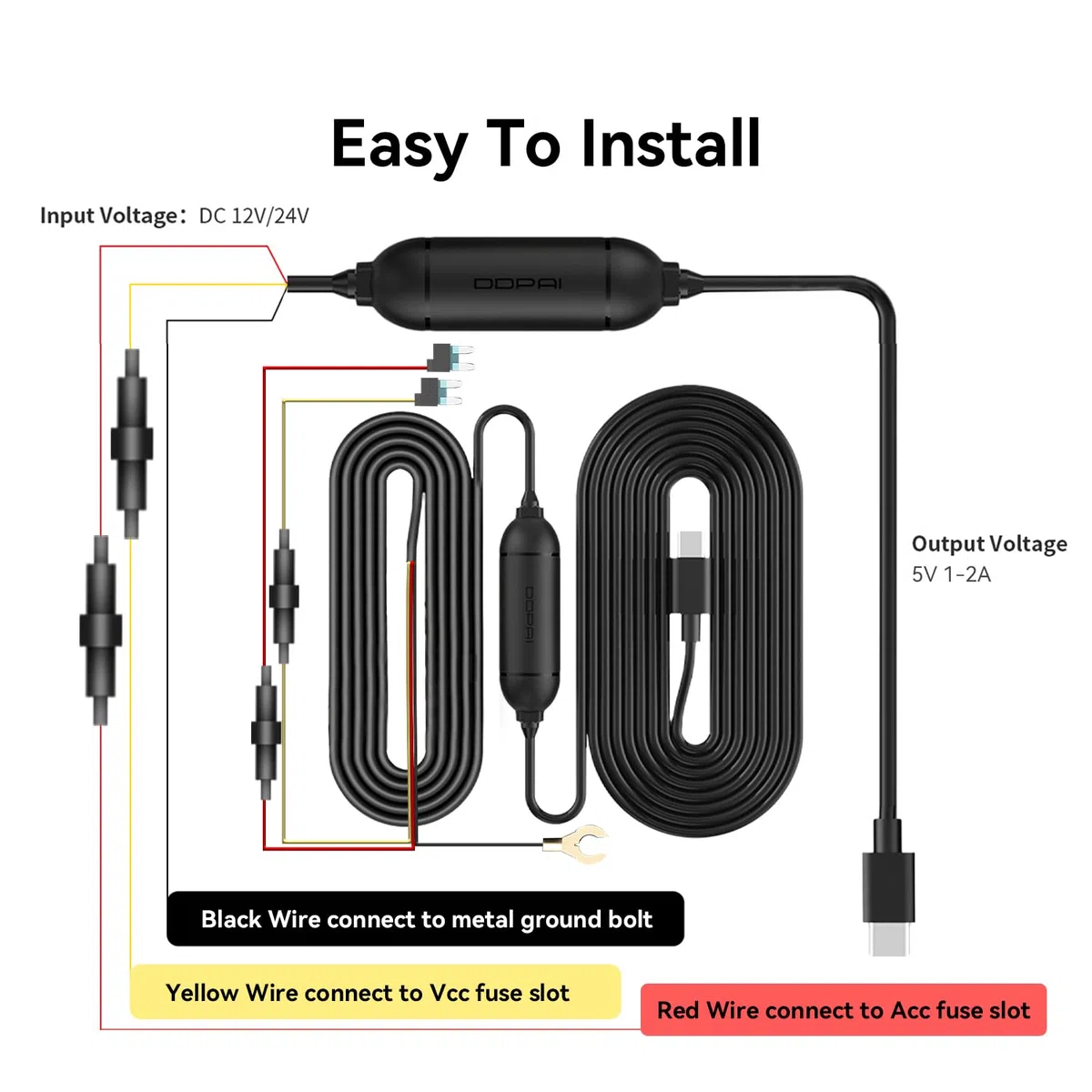 ddpai Dashcam USB-C Hardwire Kit, 3 m Auto-Kamera Hardwire Kabel mit Unterspannungsschutz, kompatibel mit N5 Dual & Mini 2X, ermöglicht 24h Parküberwachung, 12V/2A auf 5V/2A