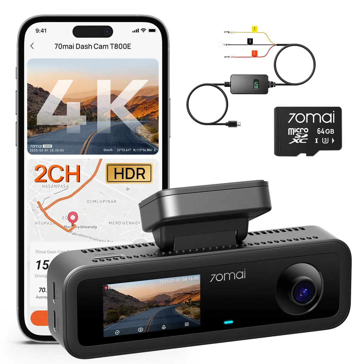 【70mai T800E dashcam+64GB karte+UP06】70mai T800E 4K Dashcam Auto 3-Kanal, 4K+1080P+1080P Vorne Hinten Innen 3 Channel Autokamera mit HDR F1.55, IR Nachtsicht, Parküberwachung 24H, GPS, G-Sensor, WiFi