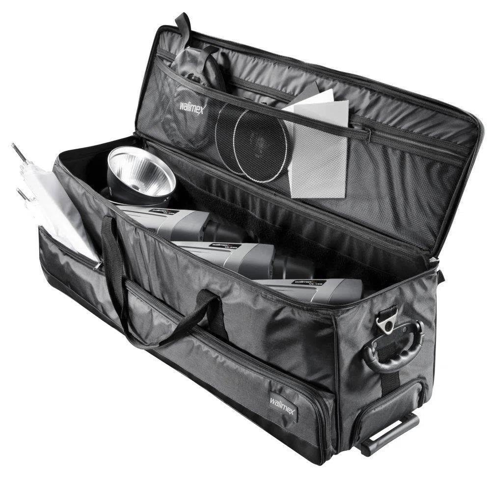 Walimex Pro Studio-Trolley XL – schwarz – 1027 x 379 x 324 mm – inkl. ausziehbaren Trolleygriffs, gepolsterten Schultergurts, variabler Inneneinteilung, Hartgummiräder – Stativtasche, Kameratasche