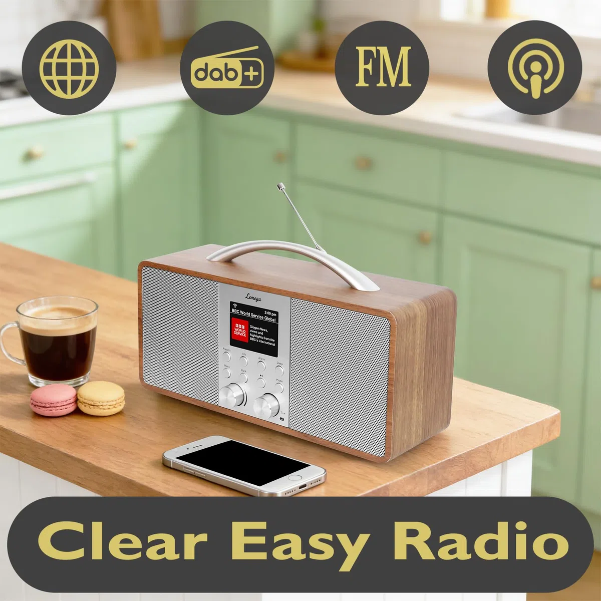 Lemega IR6 Internetradio mit Podcast-Funktion & Bluetooth - DAB/DAB+, UKW Stereo-Radio mit echtem 2.0 Lautsprechersystem, 150 Senderspeicher, Radiowecker, Akku mit USB-C, Holzgehäuse & Aluminiumgriff