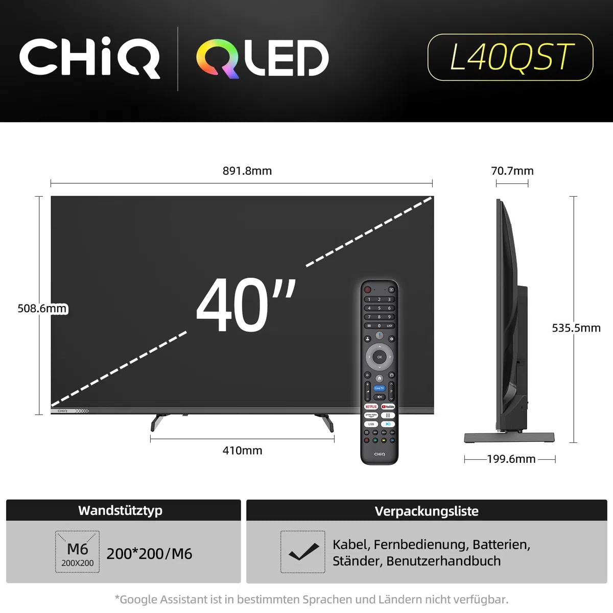 CHiQ 40 Zoll (101cm) FHD, QLED Pro Smart Google TV, Kompatibel mit HDR10, dbx-tv, Apple AirPlay, Prime Video, YouTube, Dolby Audio, mit Google Sprachsteuerung, Rahmenloses Design, L40QST