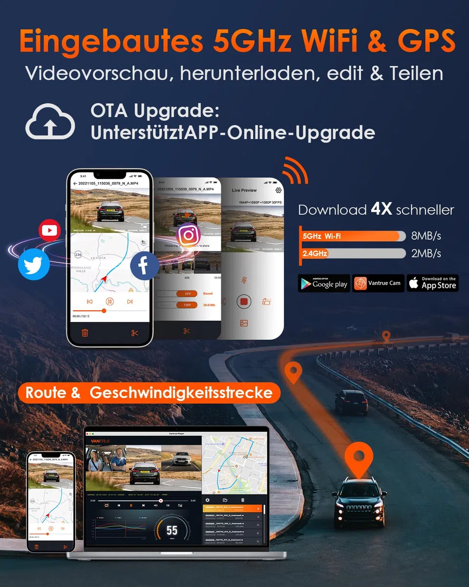 VANTRUE E3 3 Lens 2.7K Dashcam mit 5GHz WiFi, 1944P+1080P+1080P Dash Cam, Sprachsteuerung Dashcam Auto Vorne Hinten, IR Nachtsicht, 24Std. Puffer Parkmodus Dashcams, Loopaufnahme, Max 512G