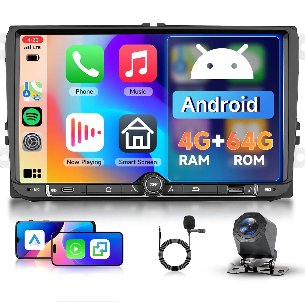 Hodozzy 4G+64G Android Autoradio für VW Seat Altea Toledo Leon Skoda Fabia Passat mit Wireless Carplay Android Auto, 9 Zoll Touchscreen Radio 2 Din mit Navi Bluetooth WiFi, DSP, Radio FM/RDS, Kamera