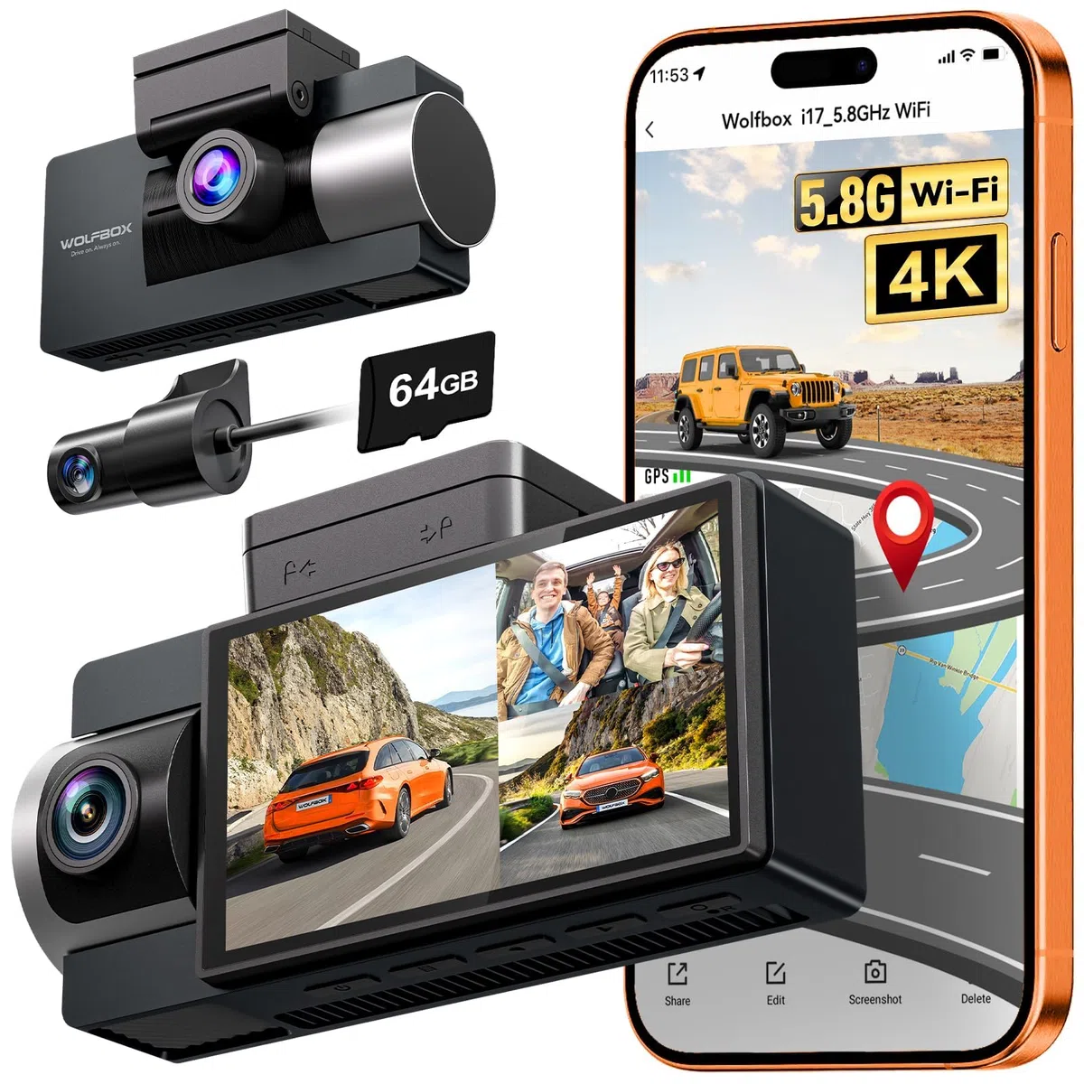 WOLFBOX i17 4K 3 Kanal Dash Cam Integriertes 5.8GHz WiFi GPS mit 64GB Karte