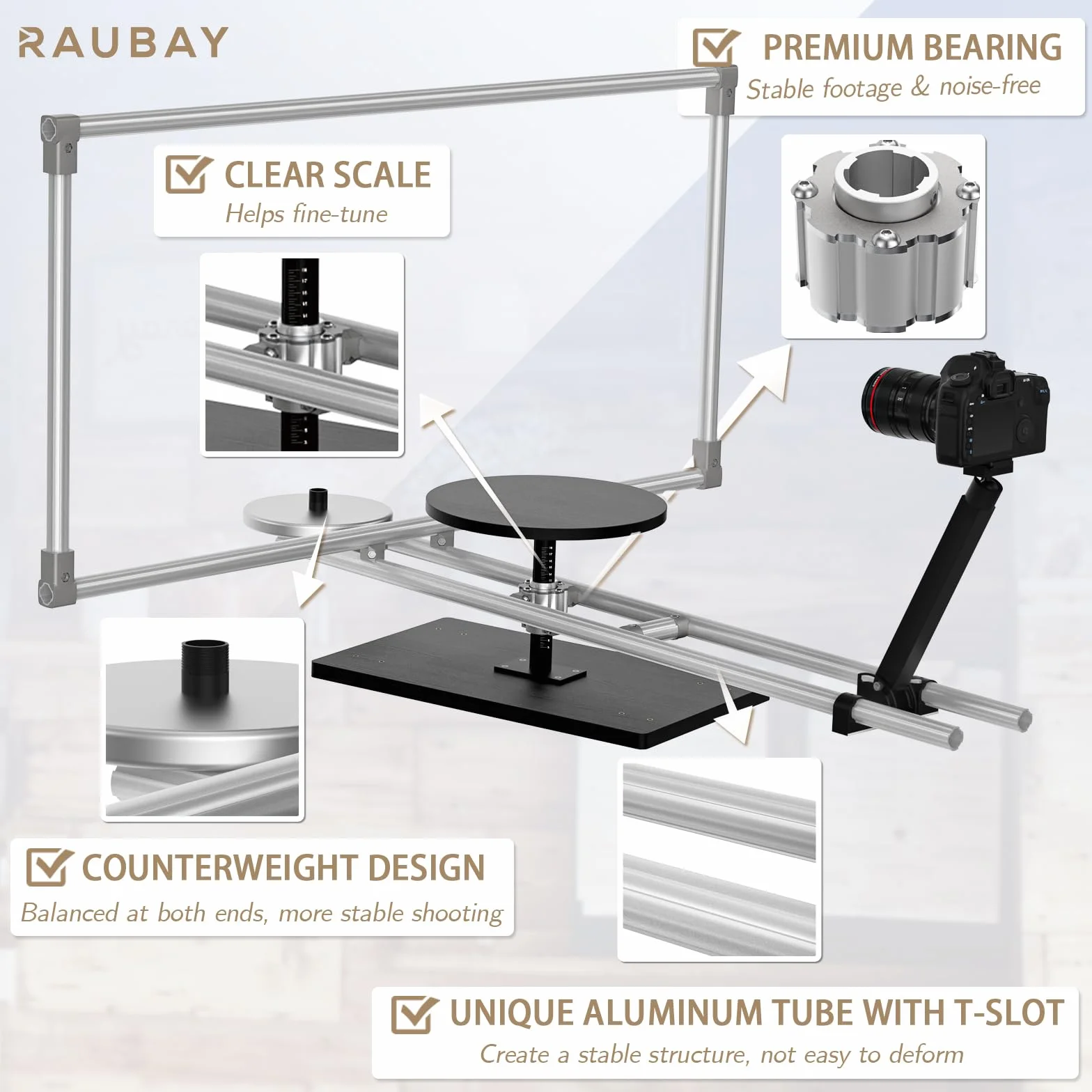 RAUBAY 360-Grad-Spinner (Lite-Version), professioneller Fotografie-Drehteller, Foto-Video-Plattform, drehbarer Kamera-Schieber für kommerzielle Videos, Essensaufnahmen, Produktfotografie, Bullet-Time