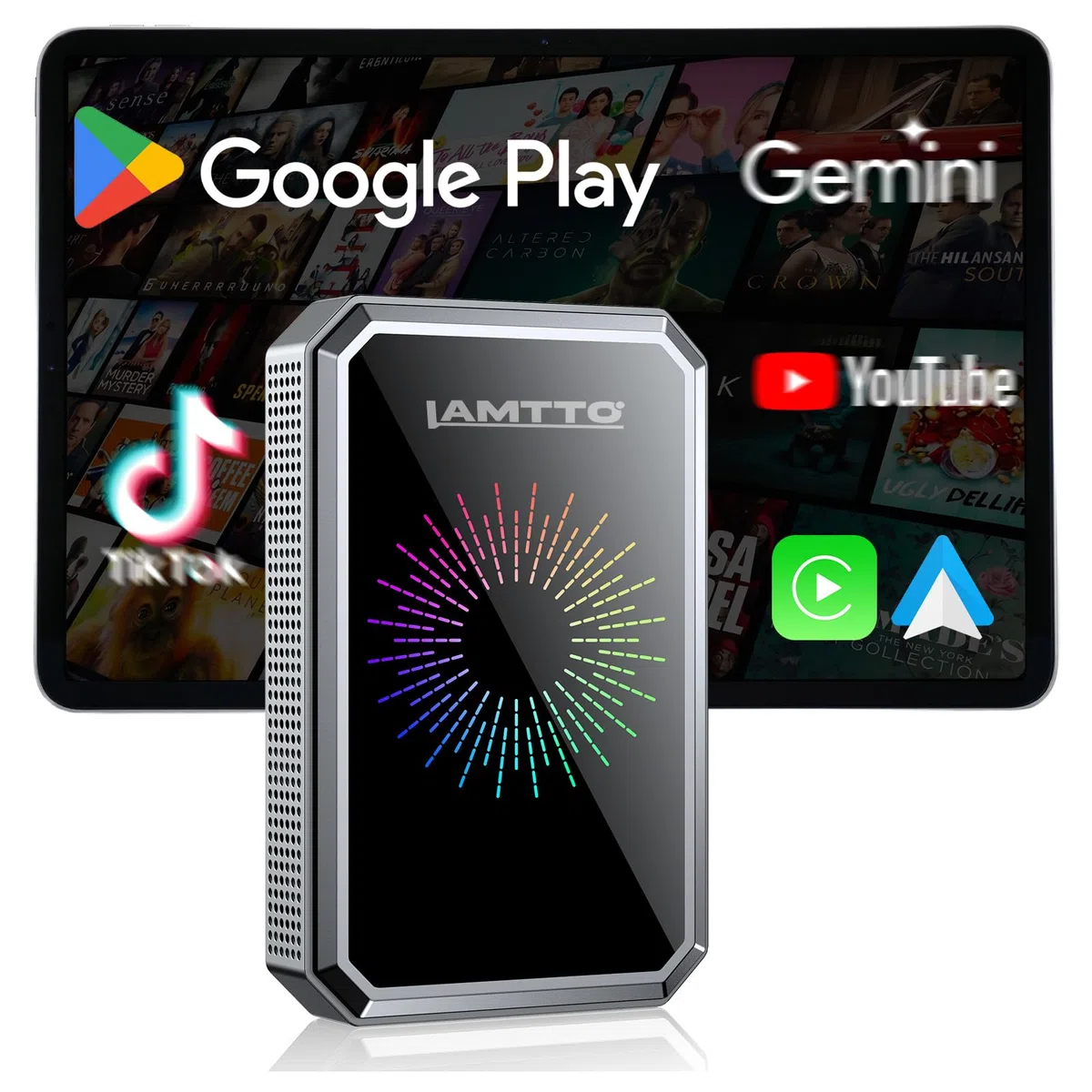 LAMTTO Wireless CarPlay Adapter AI Box mit Google Play App-Download & Gemini AI für CarPlay & Android Auto Dual-Band WLAN Bluetooth HDMI Output USB Media Playback AirPlay OTA Adapter Auto 4 IN 1