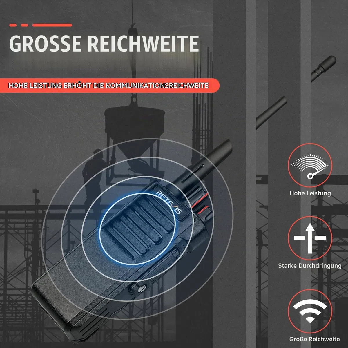 Retevis RT29 Walkie Talkie mit Großer Reichweite, Professional Funkgeräte Wasserdicht IP67, 3200mAh, VOX, 16 Kanäle, Robustes Funkgerät für Baustelle Jagd Farm (Schwarz, 2 Stück)