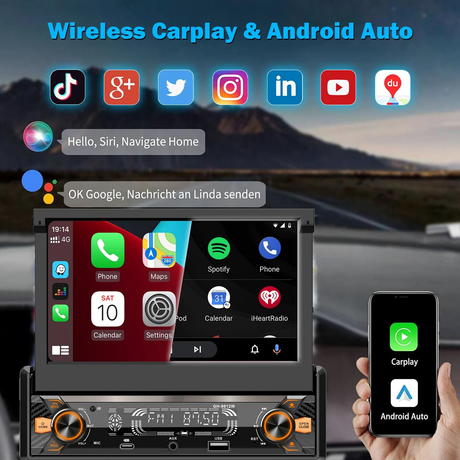 Autoradio 1DIN mit Ausklappbarer Bildschirm(7 Zoll automatisch), Kompatibel mit [Wireless] Apple CarPlay/Android Auto Bluetooth Typ-C USB(3A Schnellladung) AM/FM/RDS Radio Rückfahrkamera AUX