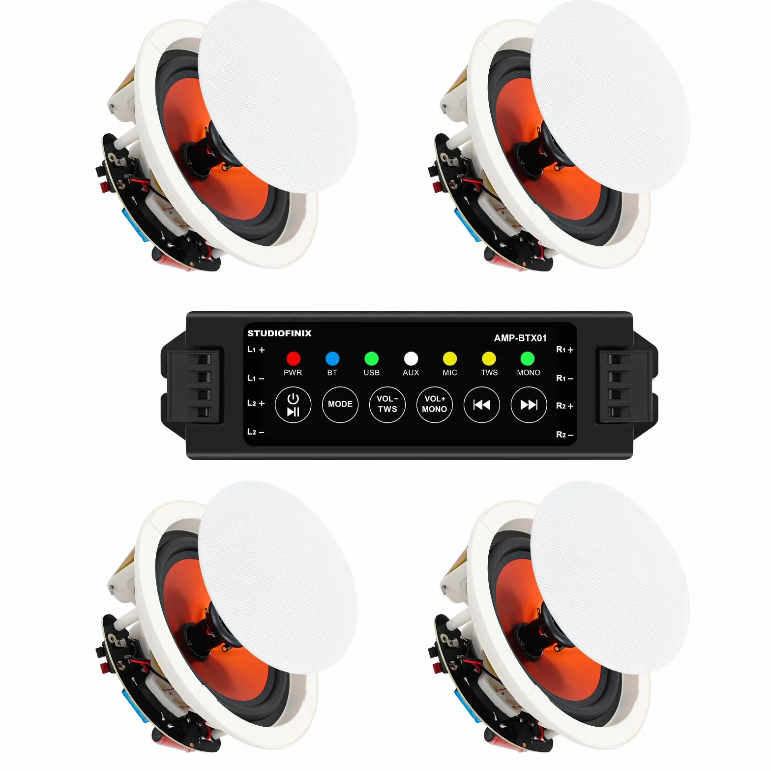 STUDIOFINIX 4 Zoll Bluetooth Deckenlautsprecher mit 4-Kanal-Verstärker, 480W Maximalleistung, 4 Lautsprecher, Klarer Klang für Wohnzimmer, Büro, Küche, Keller & überdachte Terrasse