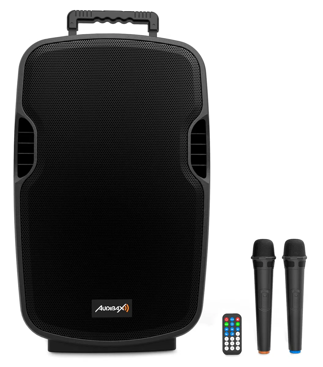 Audibax Denver 15 Altavoz Activo PA 15" Con Batería, Ruedas + 2 Micros Inalámbricos Mano
