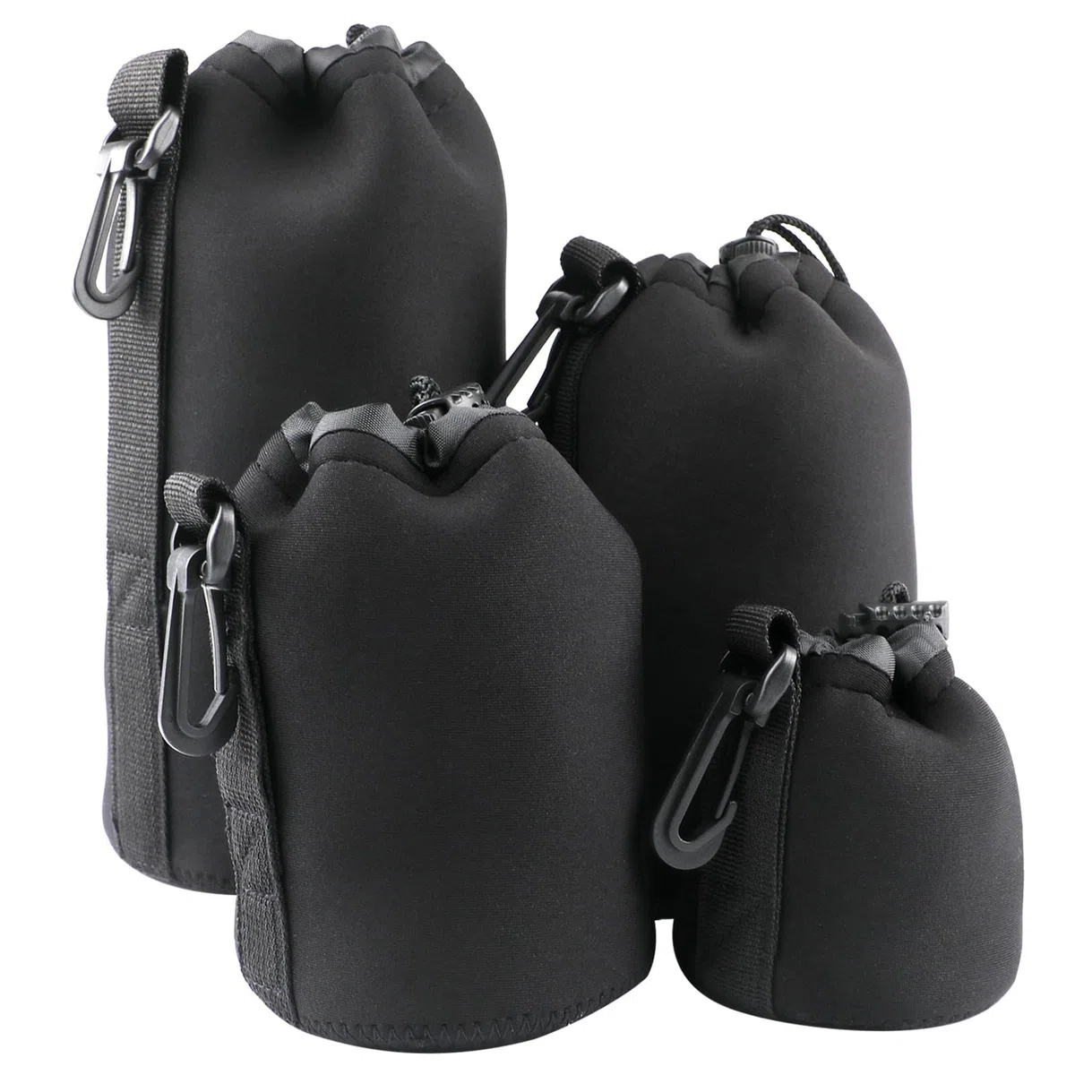 4 Stück Objektivtasche Set aus Neopren Objektivbeutel in 4 Größen,Schwarz mit Kordelzug, Kamerazubehör Schutz für Kamera Objektiv,weiche Schutzbeutel für DSLR Zubehör Canon Nikon Sony Pentax Olympus