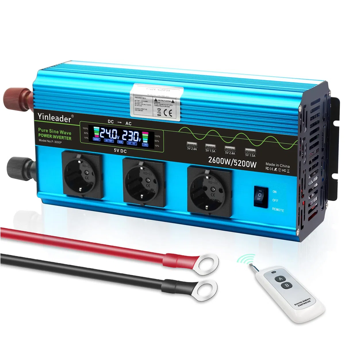 Yinleader 2600W /5200W Wechselrichter 24V auf 230V Reiner Sinus Spannungswandler mit LCD-Display, 3 Steckdosen & 4 USB, Heavy Duty Inverter für LKW, Boot