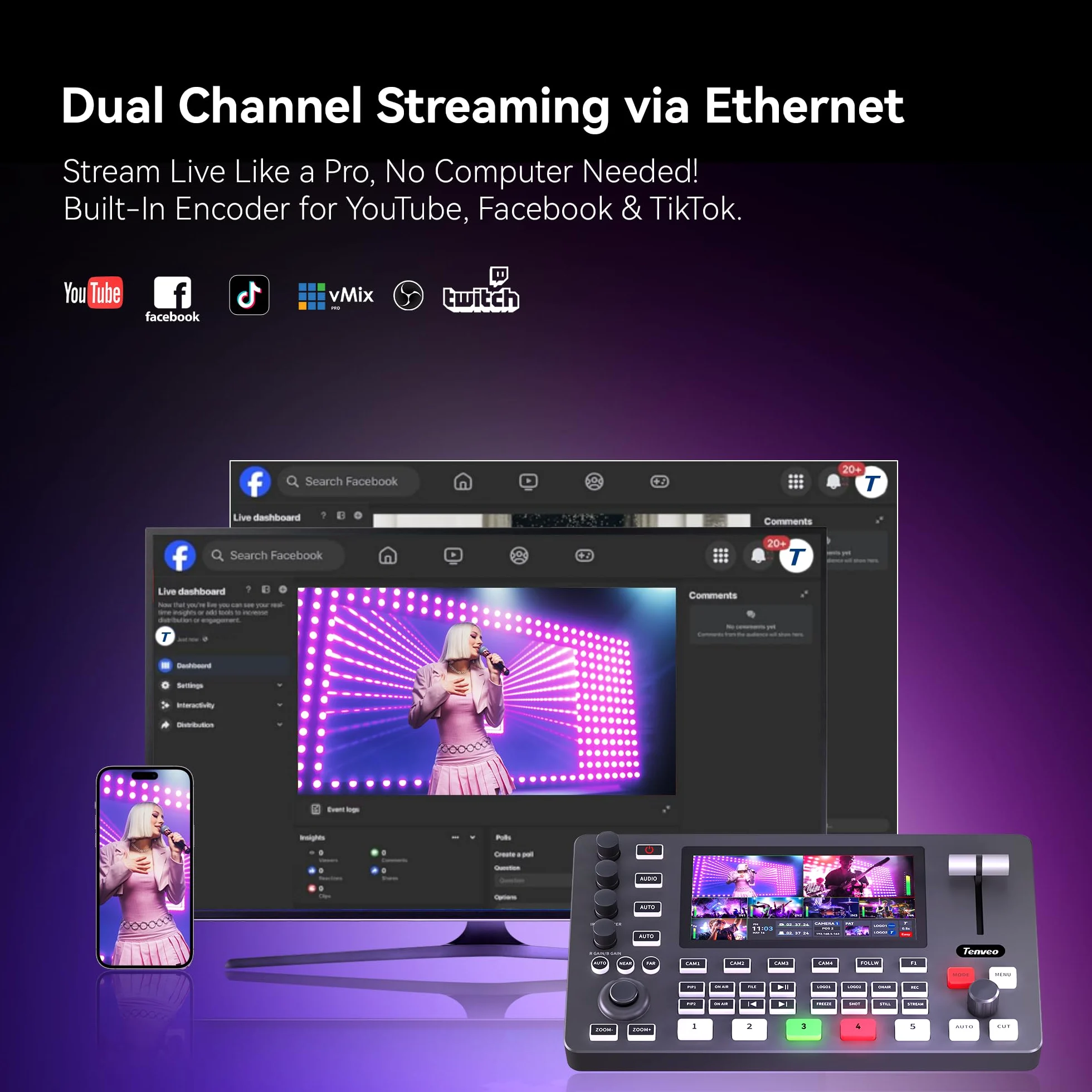 Tenveo Video Mixer Switcher, 4K 60FPS Live-Streaming-Videomischer, 5,5-Zoll-FHD-Bildschirm, 4X SDI und 4X HDMI Eingänge, 1080P 60FPS Ausgang, USB-Aufnahme, PTZ-Kamera- und Controller-Unterstützung