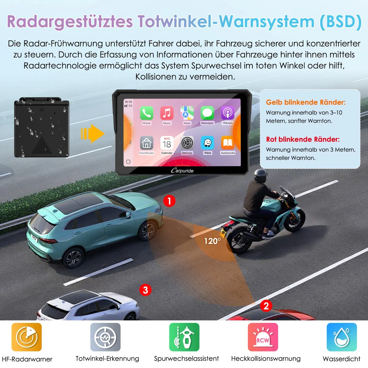 CARPURIDE W702RS Pro Motorrad Carplay Bildschirm mit Radar BSD und BM05 Halterung, Wireless CarPlay & Android Auto, 7 Zoll wasserdichter Touchscreen, Gegensprechfunktion, Dual Bluetooth