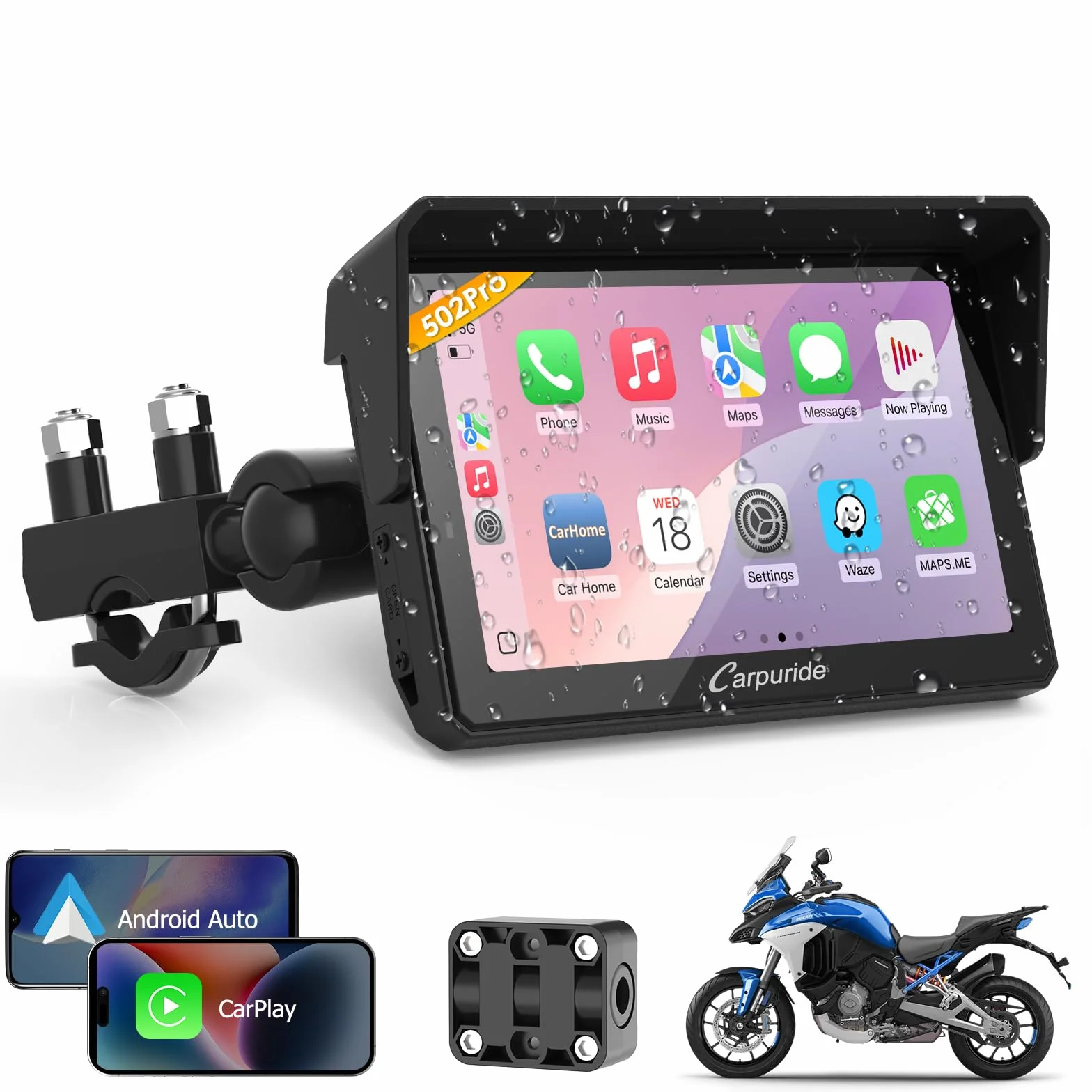 Carpuride W502PRO für Motorrad CarPlay & Android Auto & Dual Bluetooth - 5 Zoll wasserdichter GPS-Navigation für Motorrad, Musik-Sharing, Gegensprechanlage, EQ, Lichtsensor, Kompass, Barometer