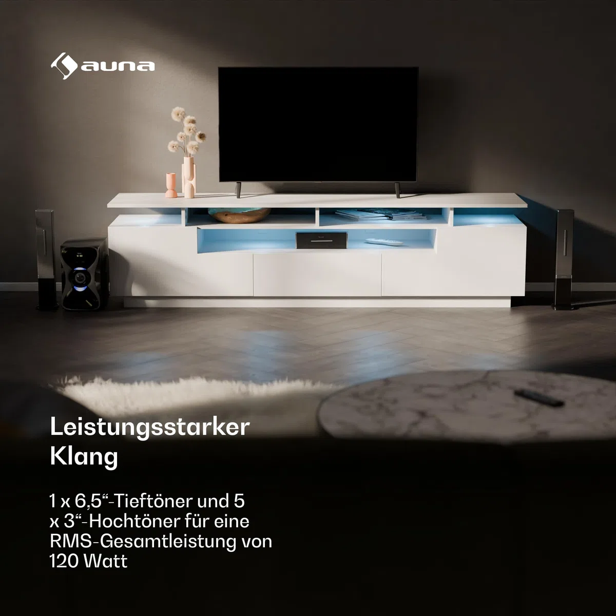 auna Areal 825 5.1 Soundsystem Kabellos mit Bluetooth, 100-W-Subwoofer und RGB-Beleuchtung - USB-/SD-Anschlüsse, AUX und Optischer Eingang, Heimkino-Lautsprecher mit Fernbedienung